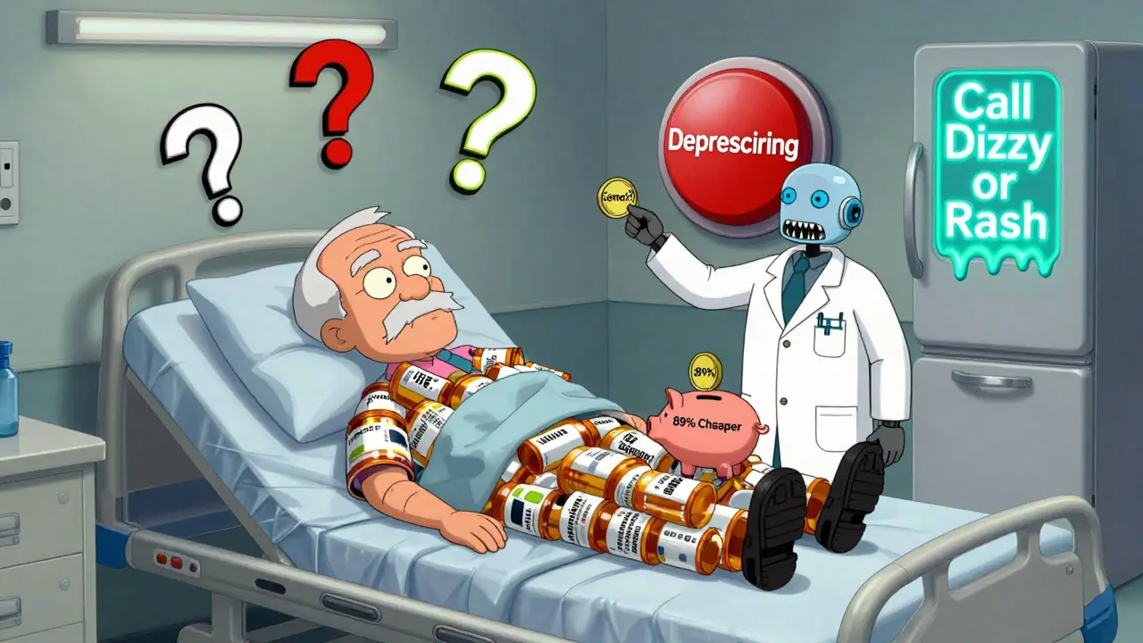 An elderly person on a bed of pills as doctors argue over a deprescribing button, with a generic drug coin and safety reminder nearby.