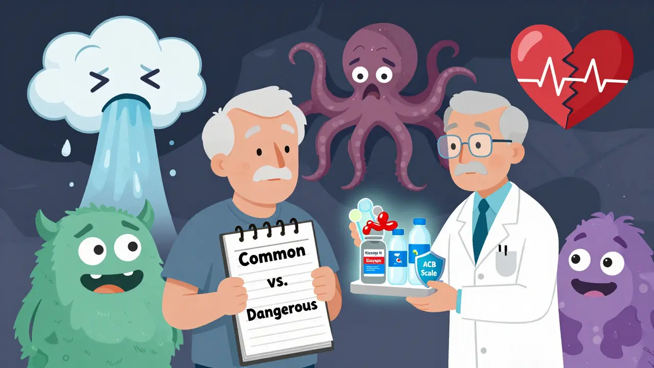 An older adult facing cartoonish side effect monsters while receiving a management toolkit from a pharmacist.