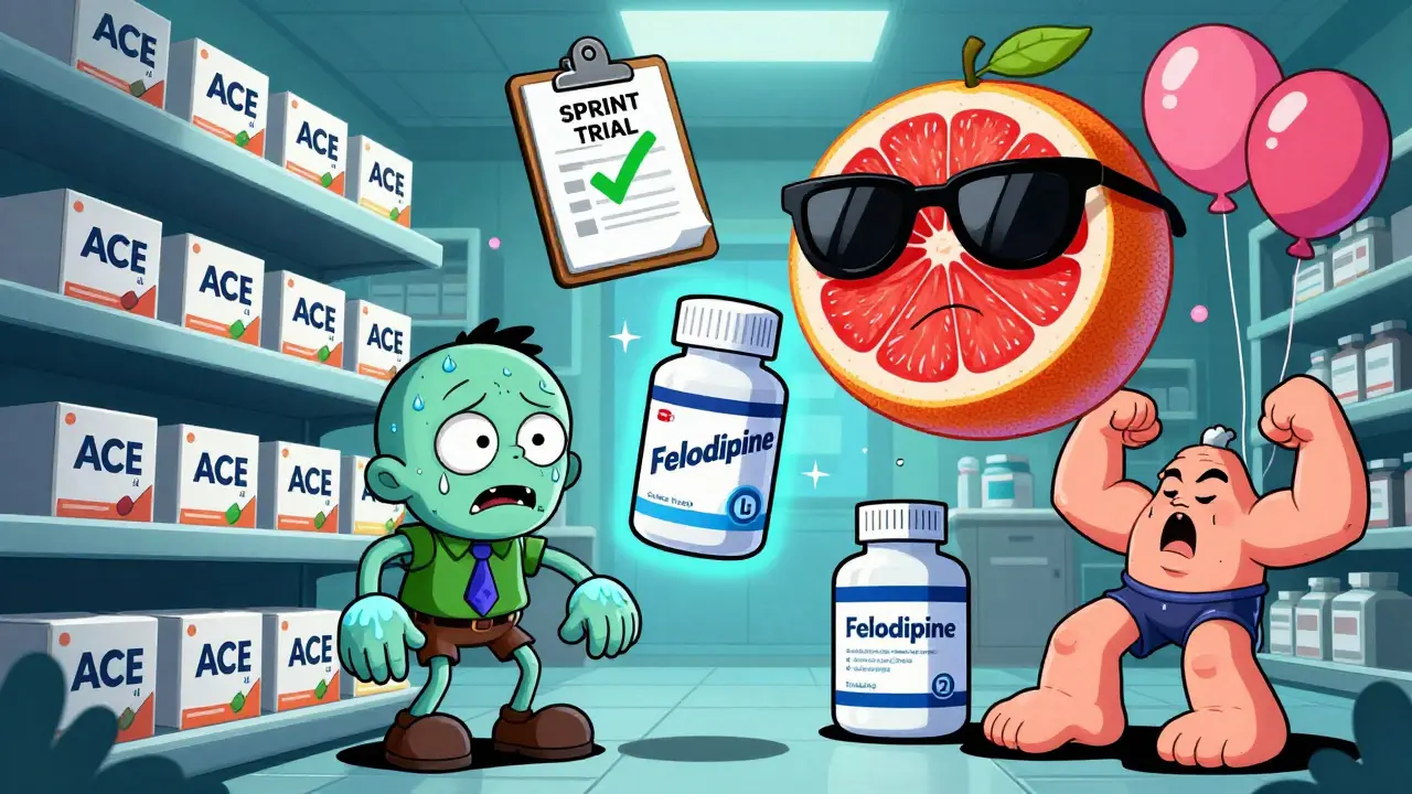 Animated blood pressure pills argue on a shelf: one coughs, one is cold, one swells, while a grapefruit looms nearby.