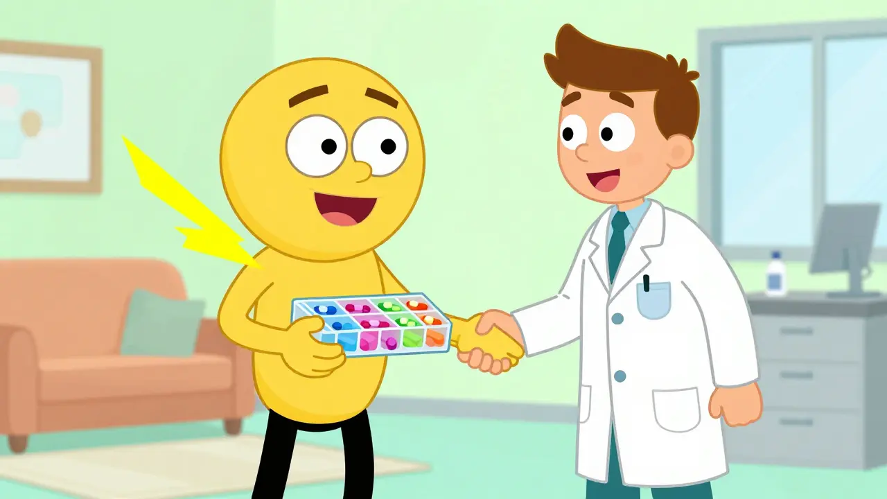 Character shaking hands with pharmacist holding colorful pill organizer.