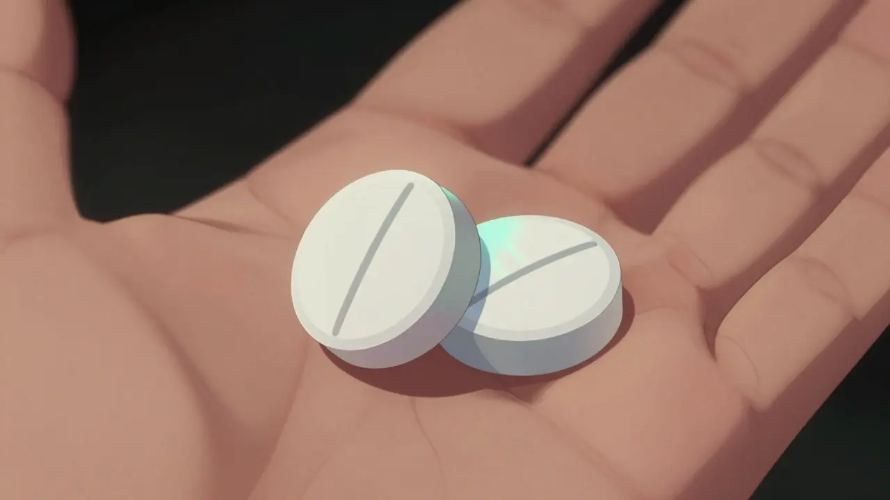 Close up of white pill with geometric mark held in open hand