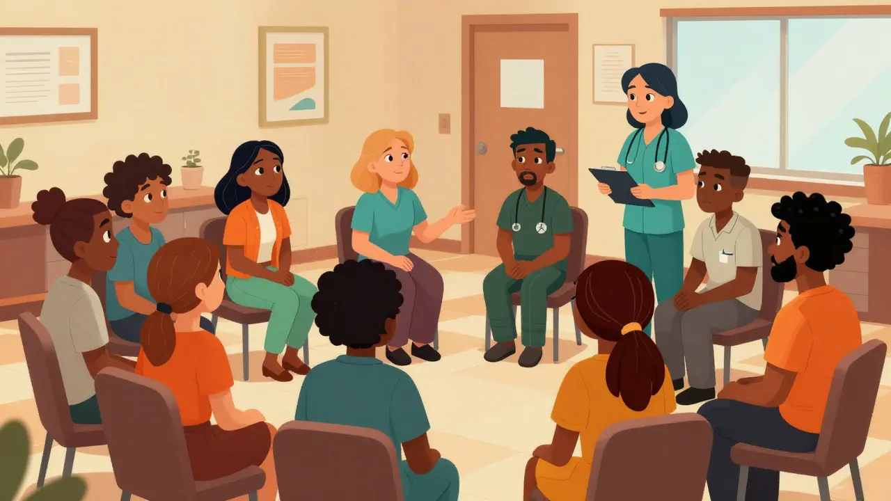 Diverse group sitting in circle at community health center sharing support.