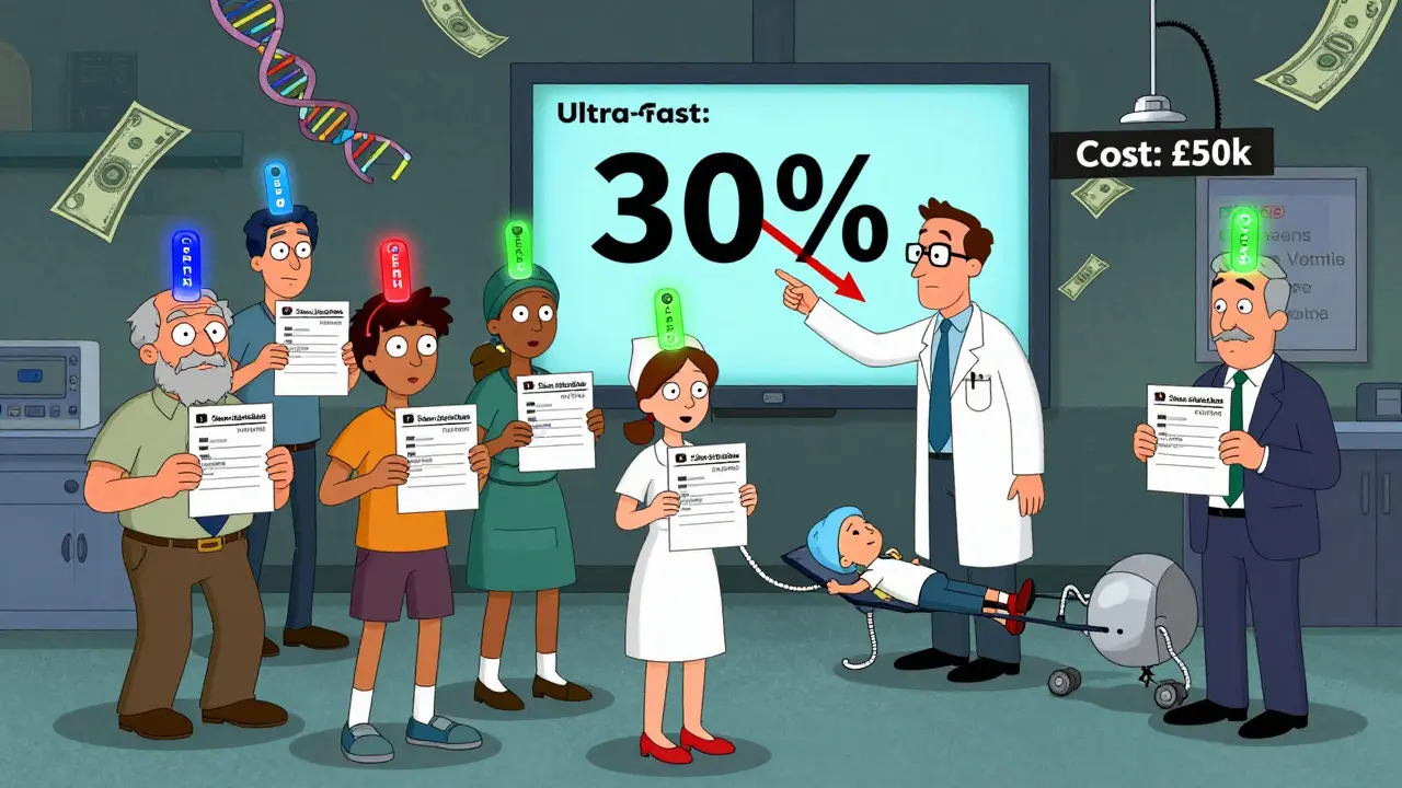 Diverse patients hold identical prescriptions with glowing genetic tags above their heads, while a doctor points to a screen showing a 30% drop in hospitalizations.