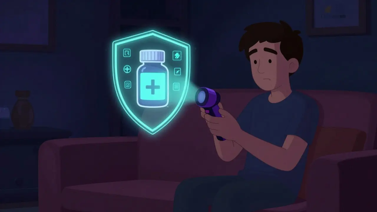 Person scanning medicine with glowing safety shield hologram