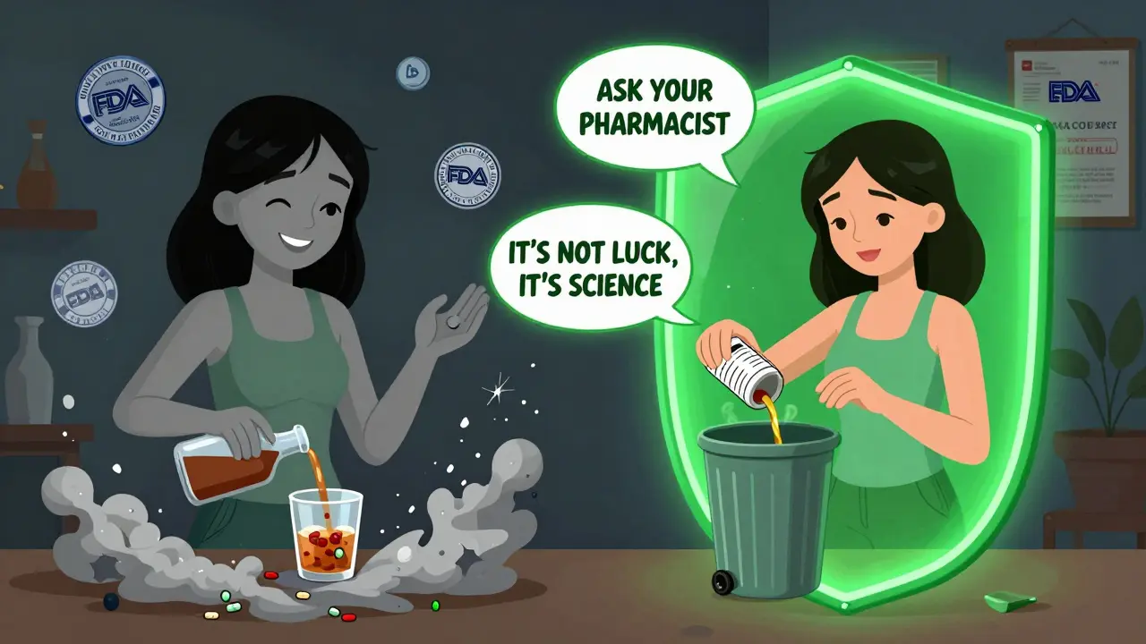 Split-screen: one side shows a woman crumbling into ash from mixing meds and alcohol, the other safe with a shield and warning labels.