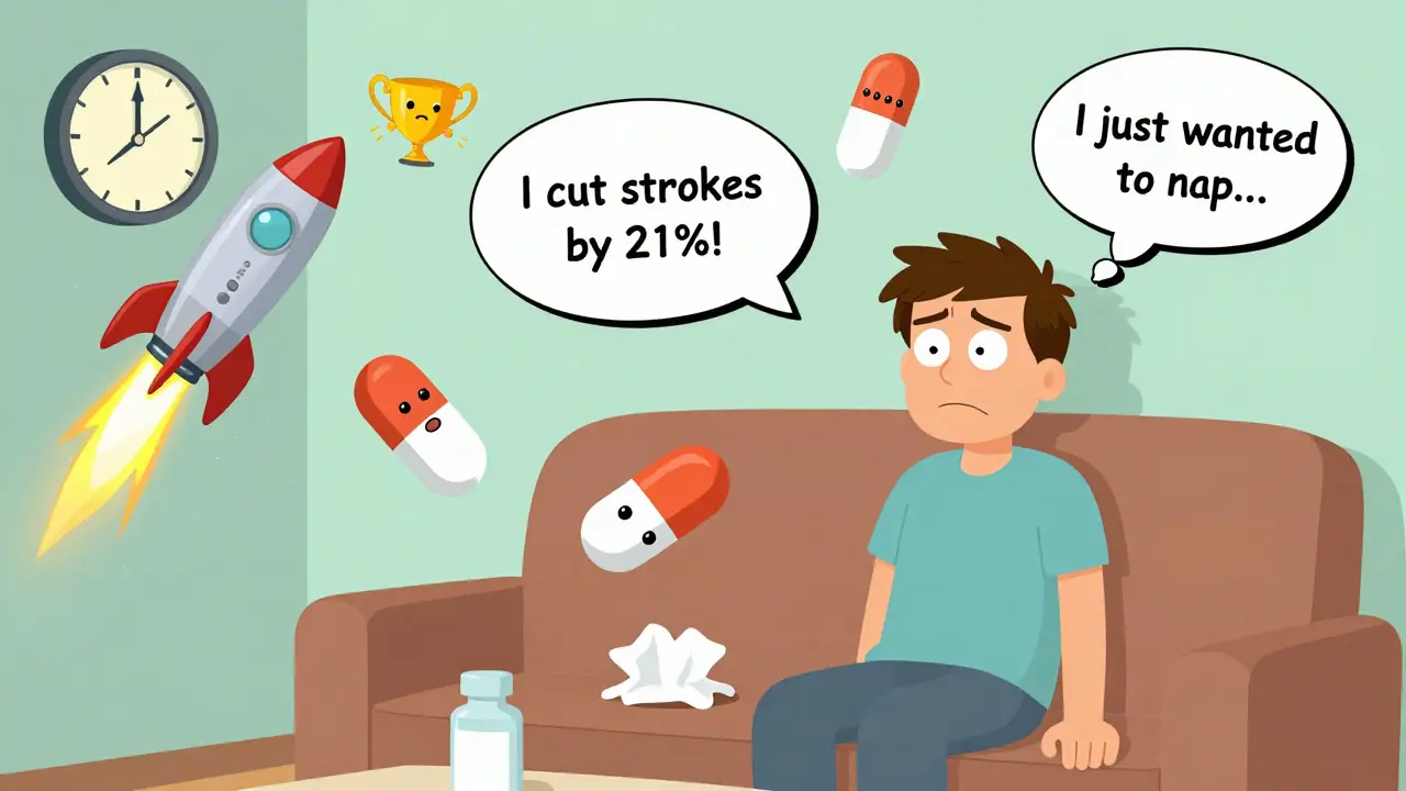 Talking pills debate on a couch as a nerve-zapper blasts through the wall, in surreal Adult Swim cartoon style.