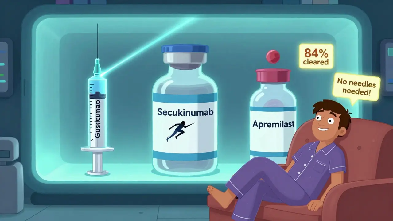 Three glowing biologic drug bottles on a shelf with a patient smiling as their skin clears, labeled with treatment stats.