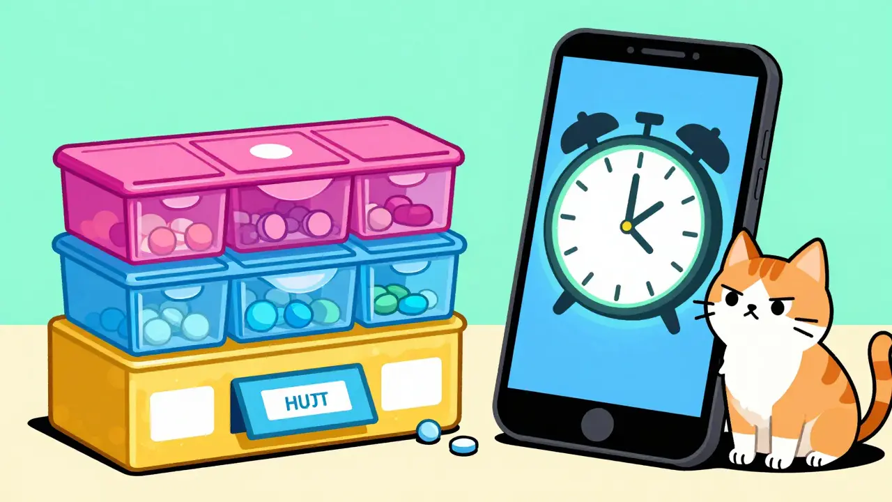 A colorful pill organizer and smartphone alarm next to a cat.