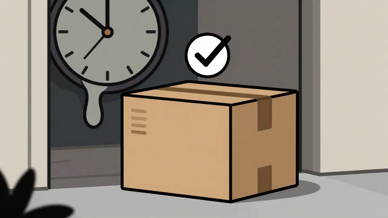 A discreet brown medicine package on a porch with a safety certification icon.