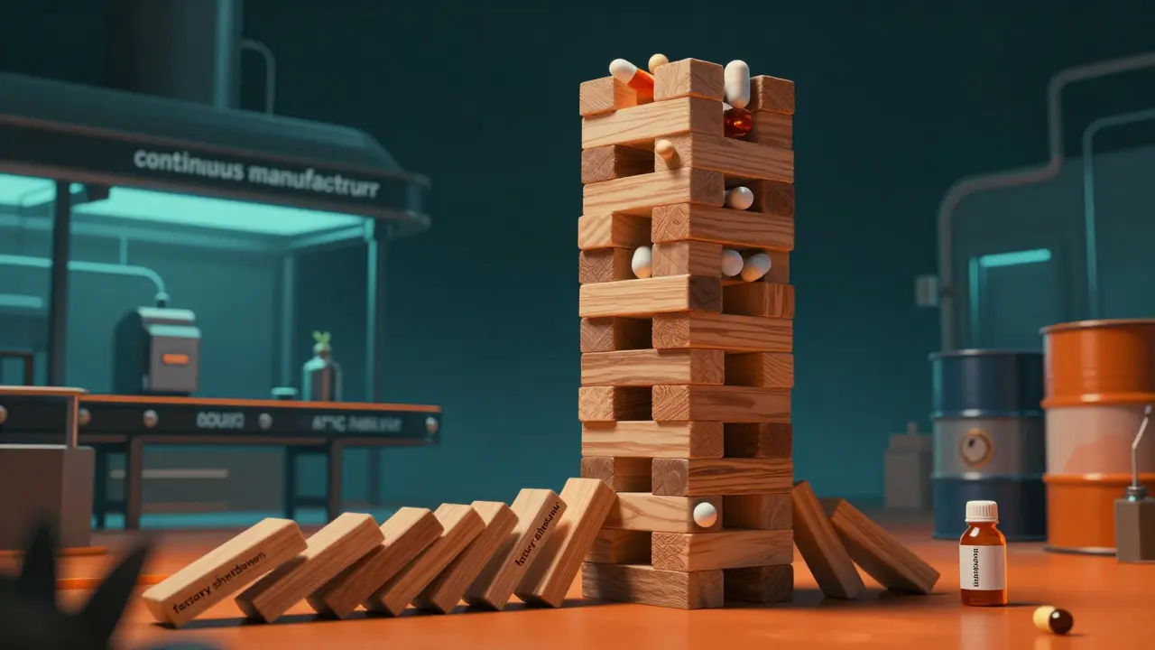 A precarious tower of pill bottles symbolizing a fragile pharmaceutical supply chain