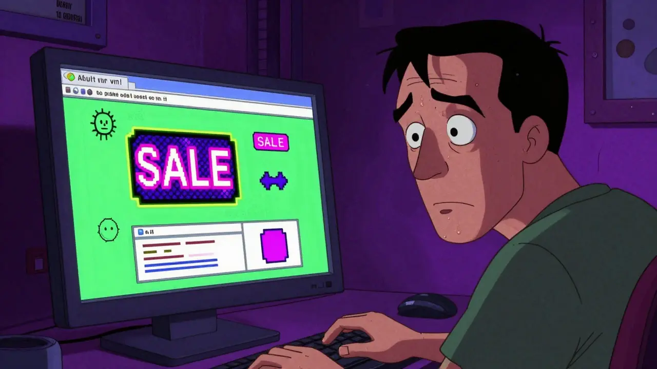 A skeptical man looking at a sketchy, old-fashioned pharmacy website.