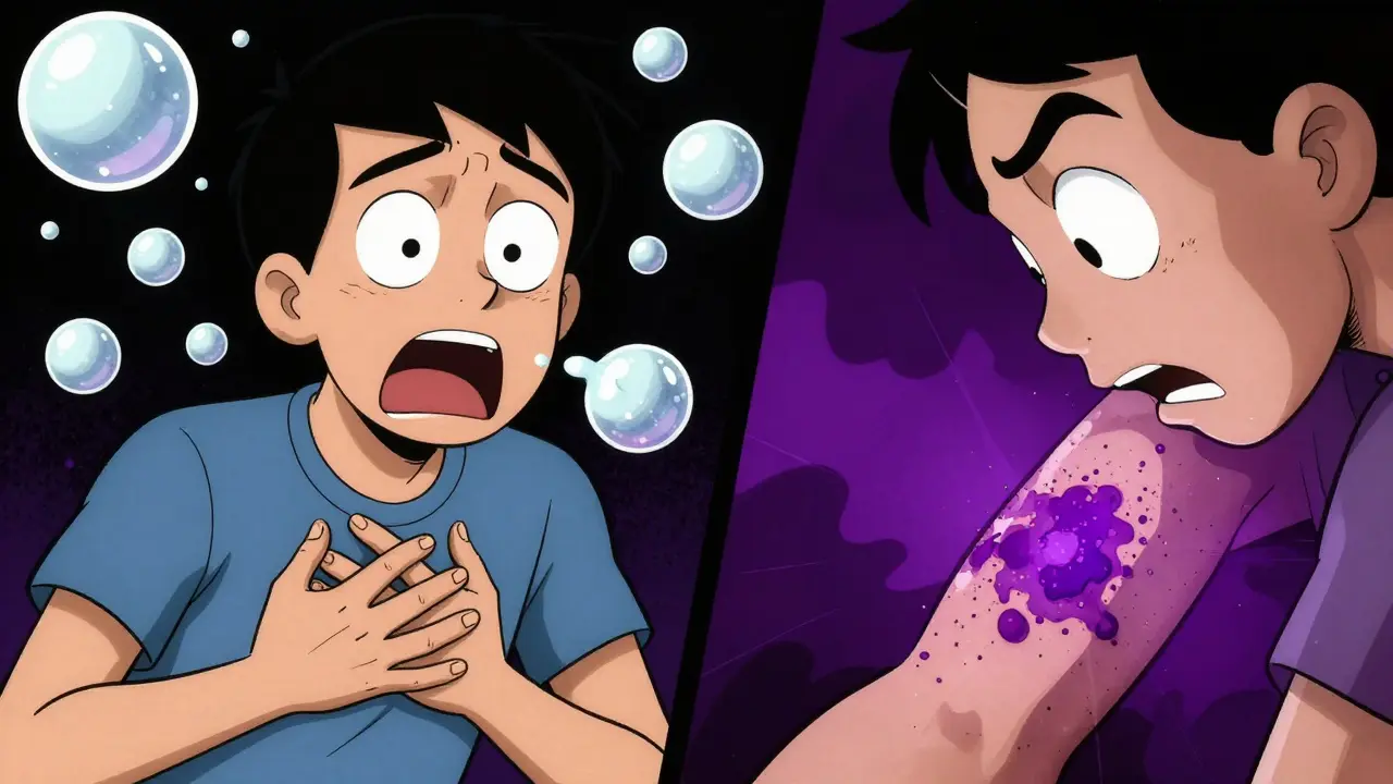 Adult Swim style drawing of a person experiencing shortness of breath and another with a large bruise.