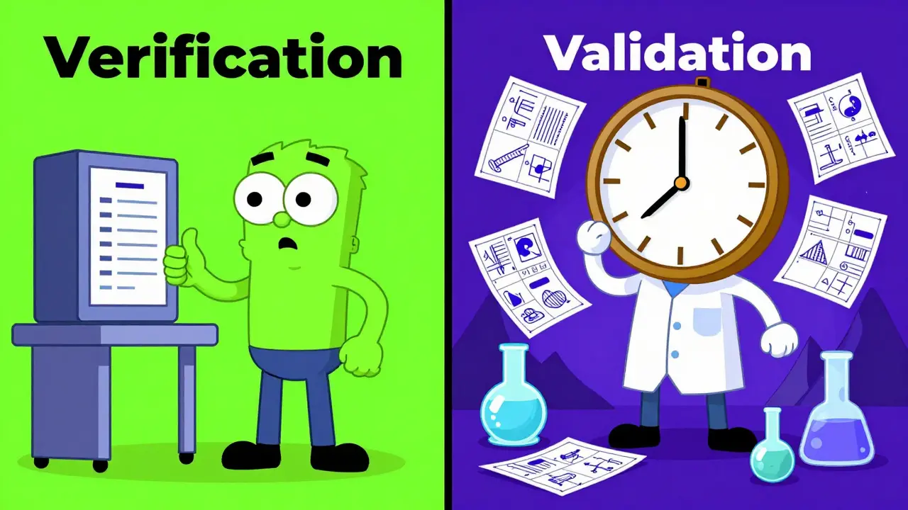 Cartoon comparison between simple lab verification and a complex validation process.