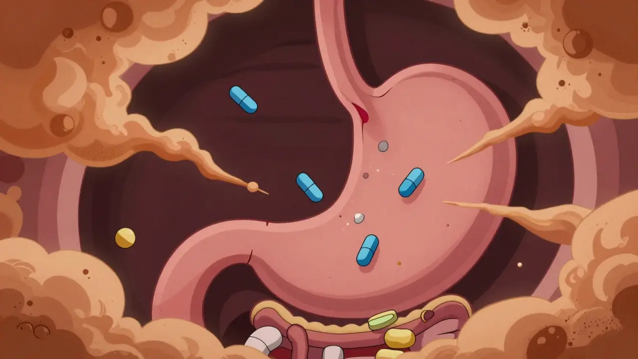 Cartoon stomach where protein blocks pill absorption.