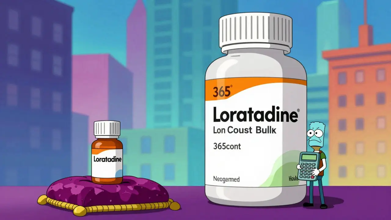 Comparison between a small brand-name bottle and a giant bulk generic bottle.