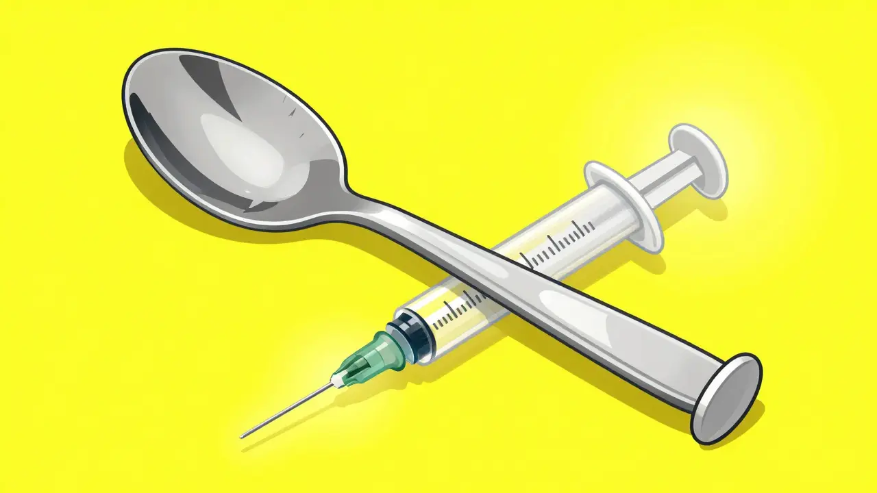 Comparison of a dangerous kitchen spoon and a safe medical oral syringe