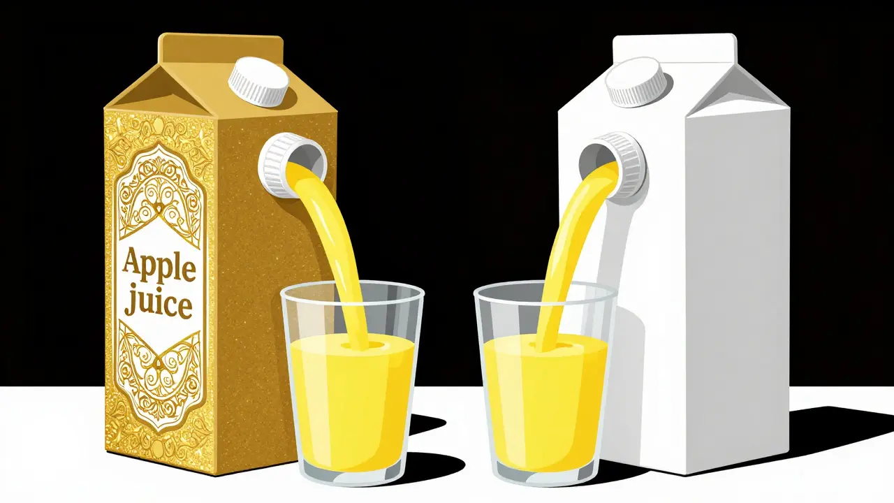 Comparison of a fancy and a plain juice carton pouring identical juice.