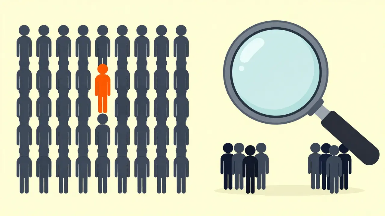 Comparison of a group of 100 people with one highlighted versus a magnifying glass showing relative risk.