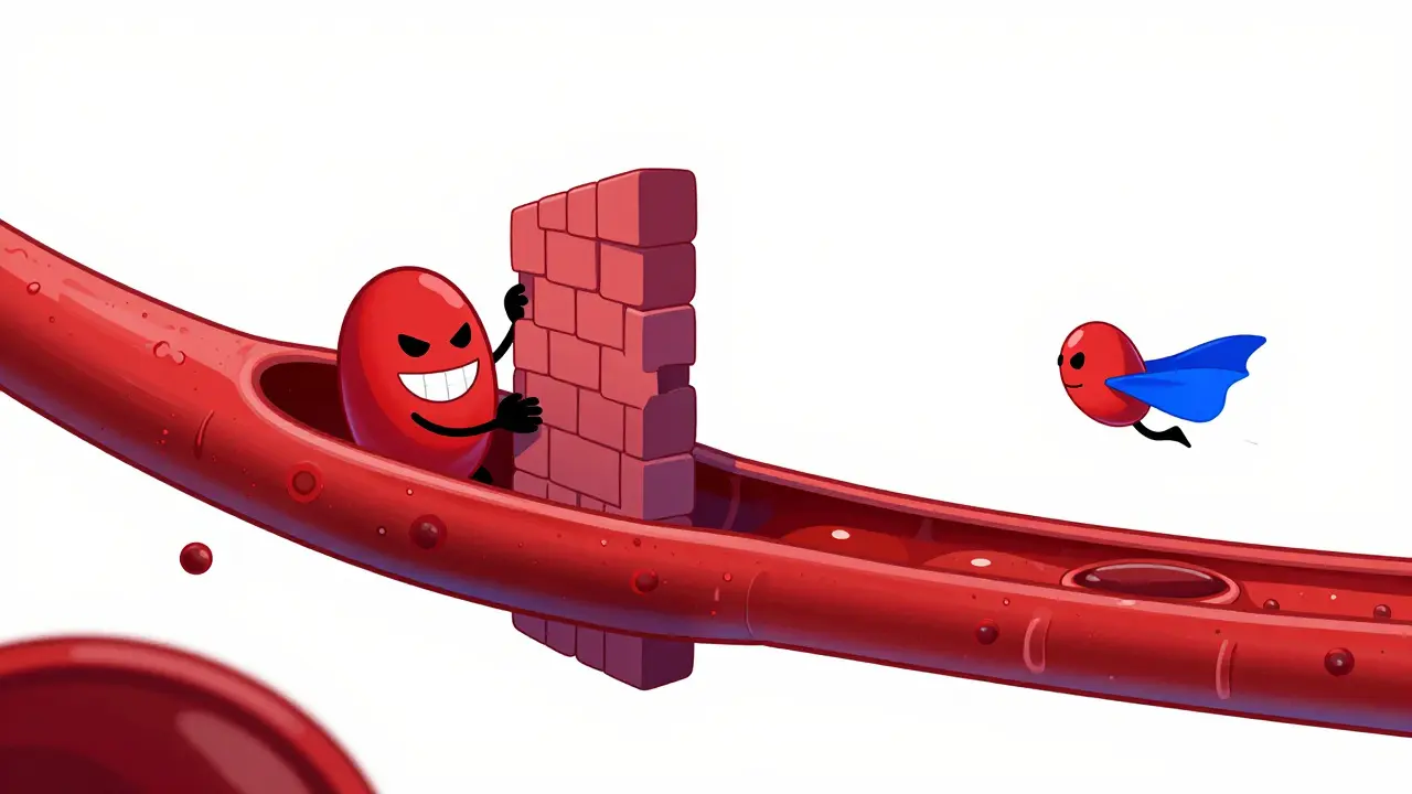 Conceptual illustration of a blood clot forming and a medication pill leaving the system.