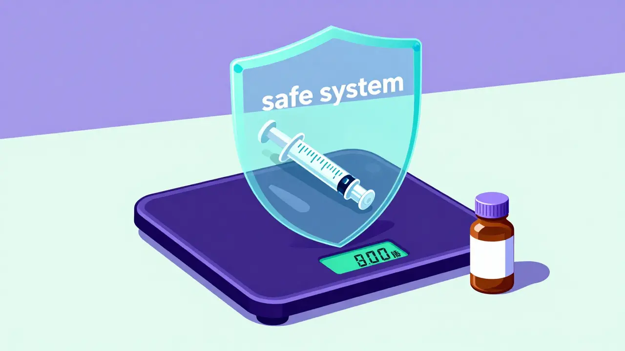 Digital scale and oral syringe surrounded by a protective safety shield