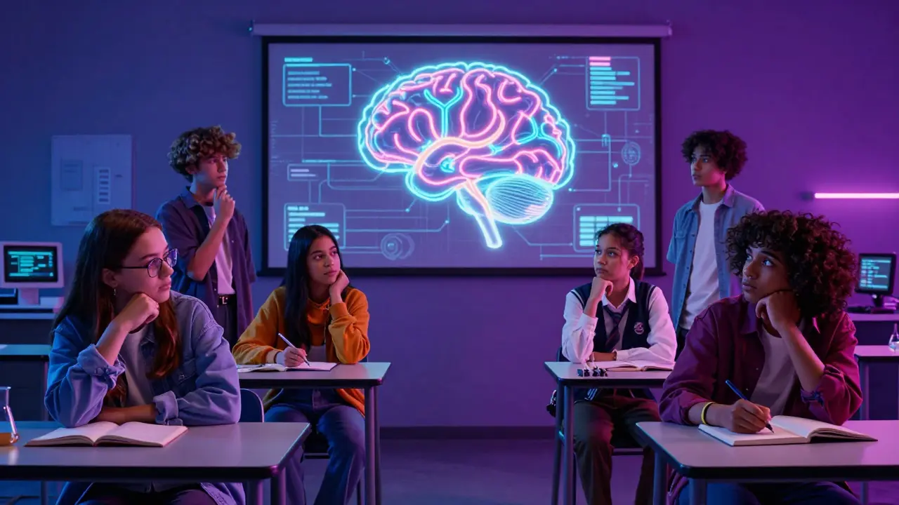 High school students analyzing a neon holographic brain in a classroom.