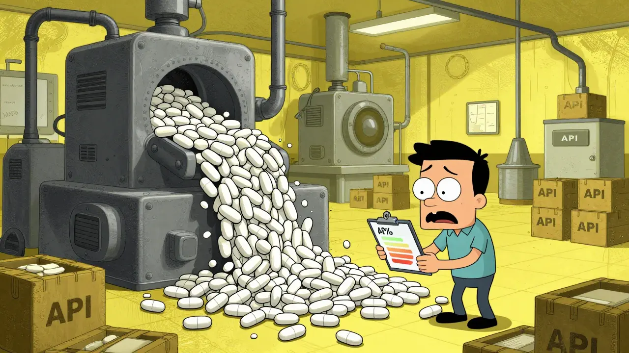 High-volume generic drug factory with massive machinery and pill production