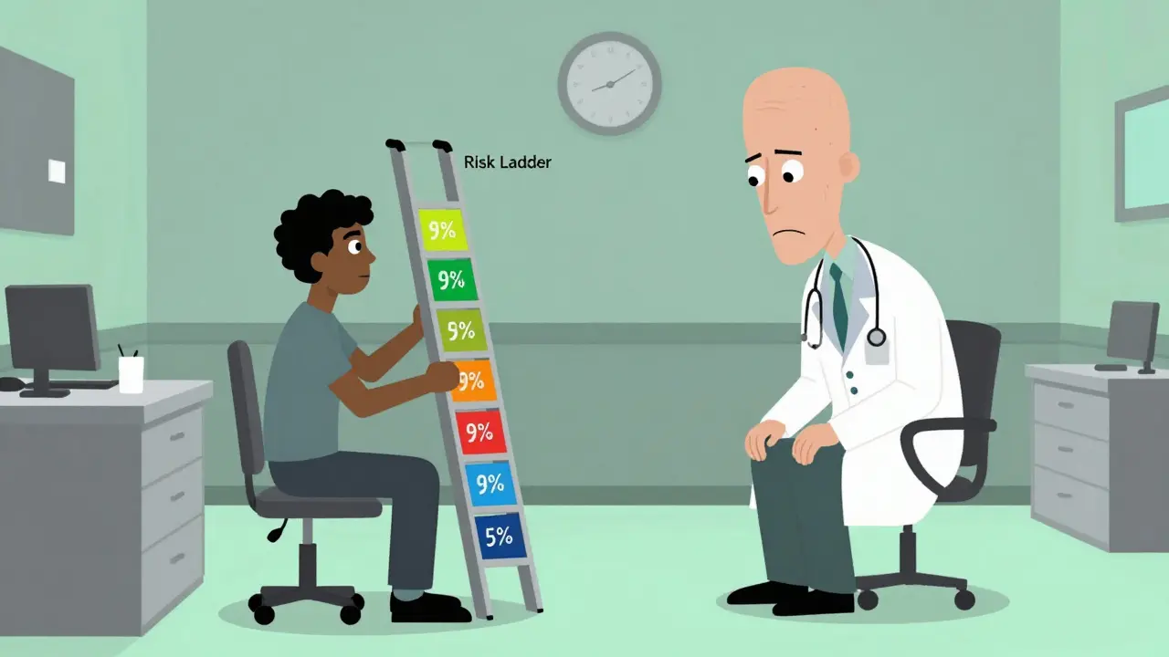 Patient and doctor in a surreal office discussing a physical risk ladder of percentages.