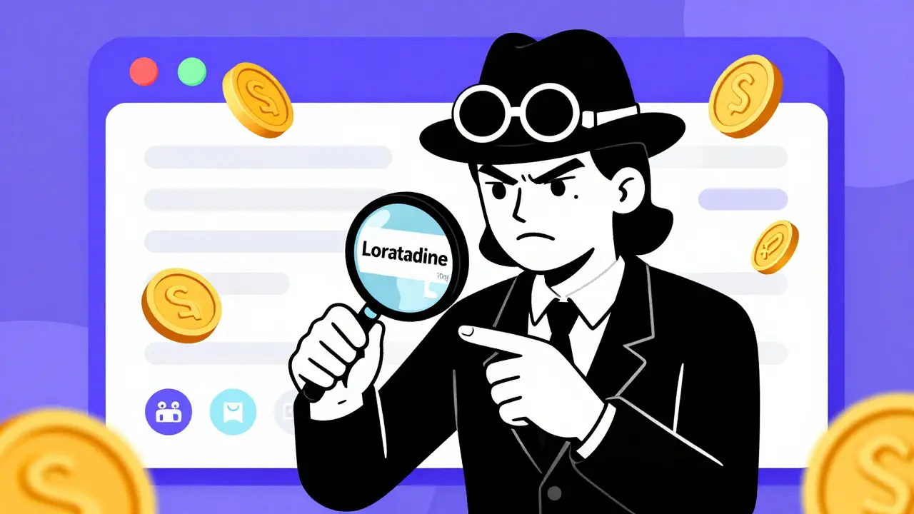 Person examining a generic medicine label surrounded by health savings symbols.