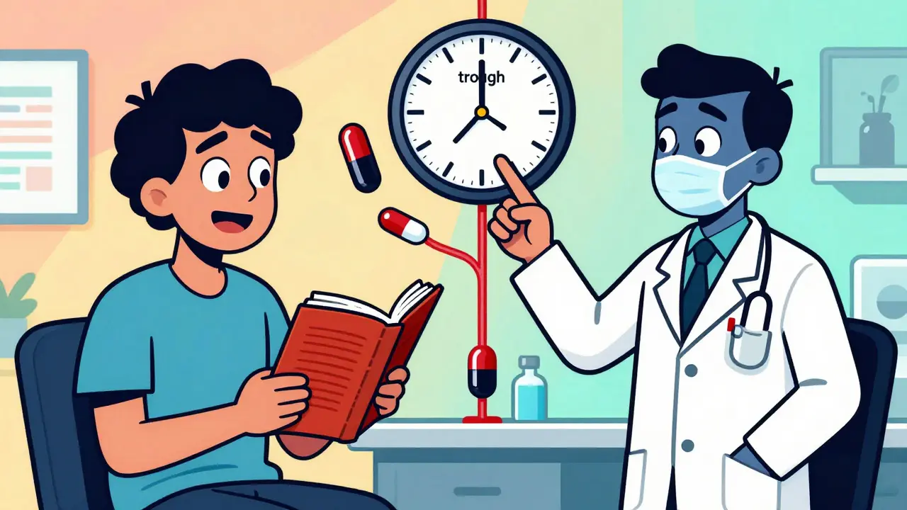 Quirky illustration of a patient discussing drug trough levels and metabolite interference.