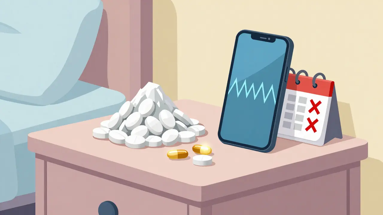 Satirical illustration of cheap generic pills versus expensive brand name pills next to a phone alarm.