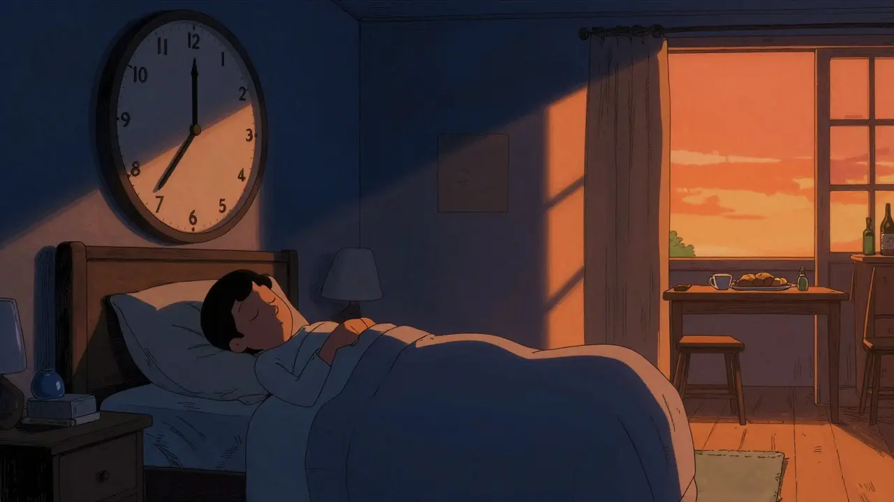 Sleeper with clock showing four hour wait before morning meal.