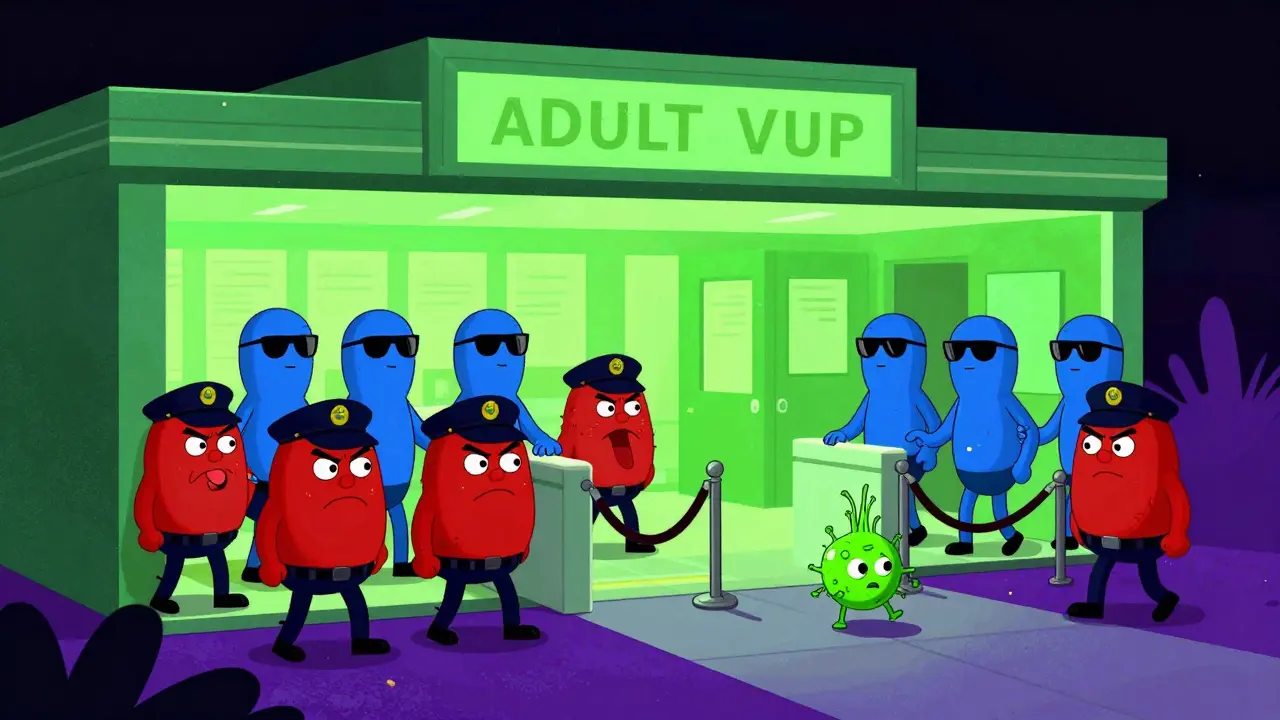 Abstract cartoon of immune cells calming down allergens under tongue