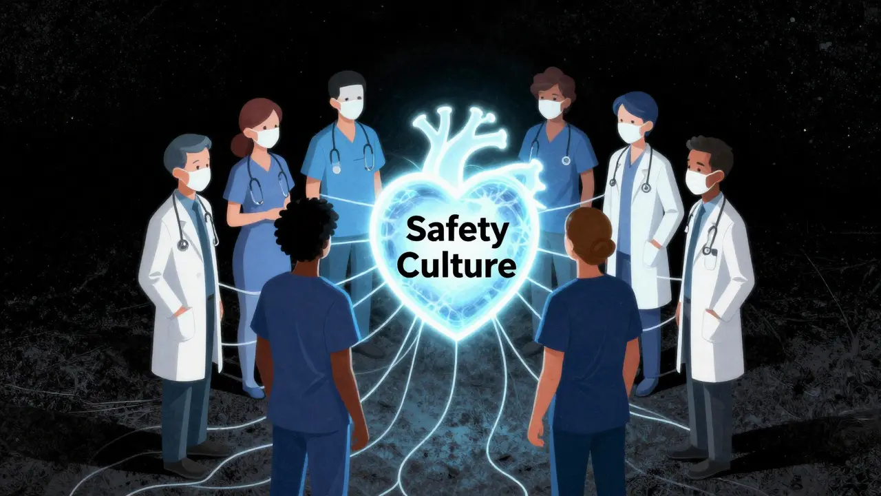 Abstract illustration of masked healthcare workers connected by threads around a glowing core.