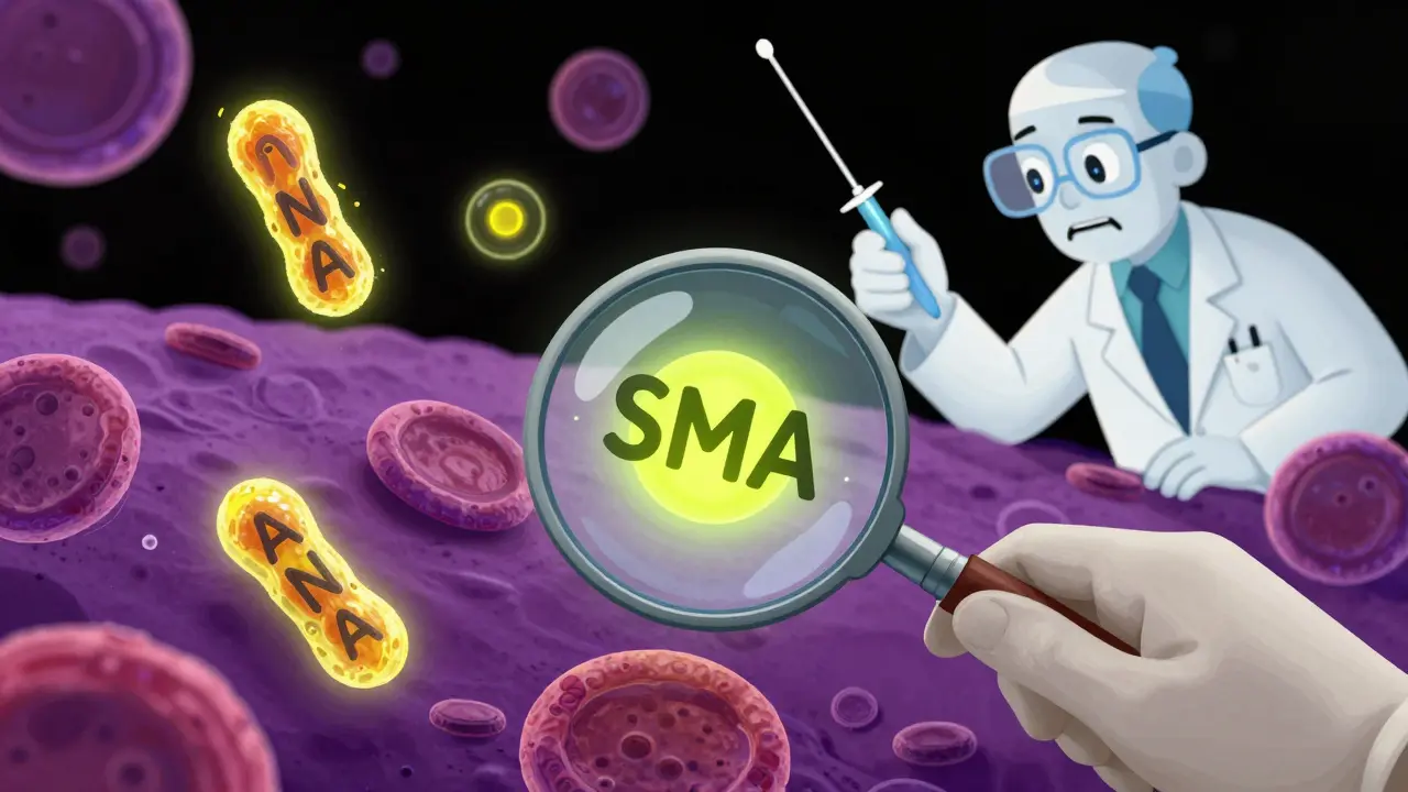 Abstract illustration showing antibodies and a biopsy needle in a dark, neon-lit microscopic scene.