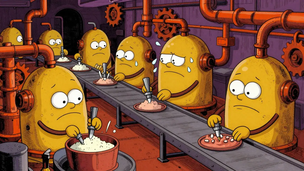 Anthropomorphic machines manufacturing pills on an assembly line