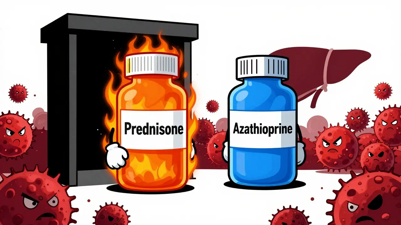 Anthropomorphic steroid and azathioprine pills blocking inflammation in a stylized, edgy cartoon.