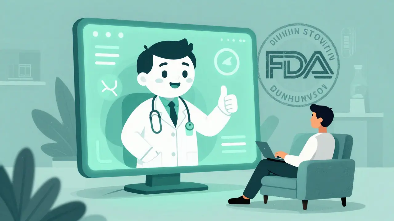 Cartoon doctor giving a thumbs up from a safe, glowing telehealth interface.