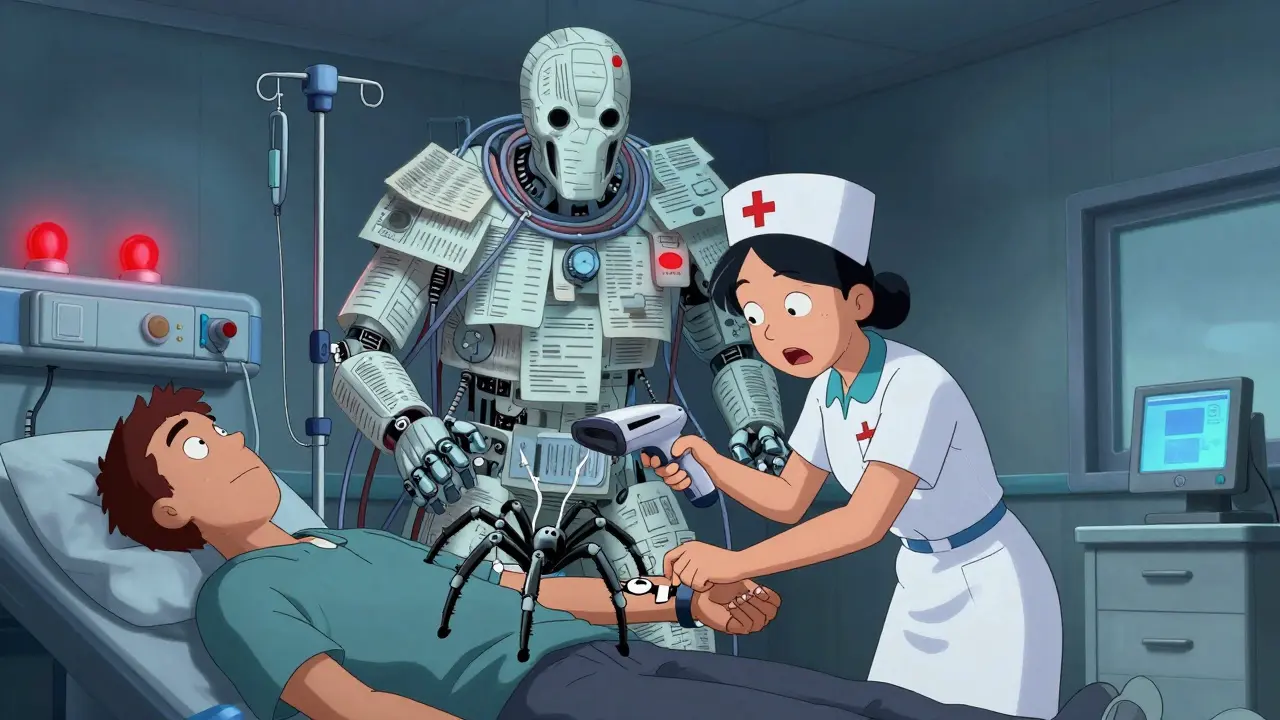 Cartoon nurse battling a monstrous barcode scanner in a dark, crowded hospital room.