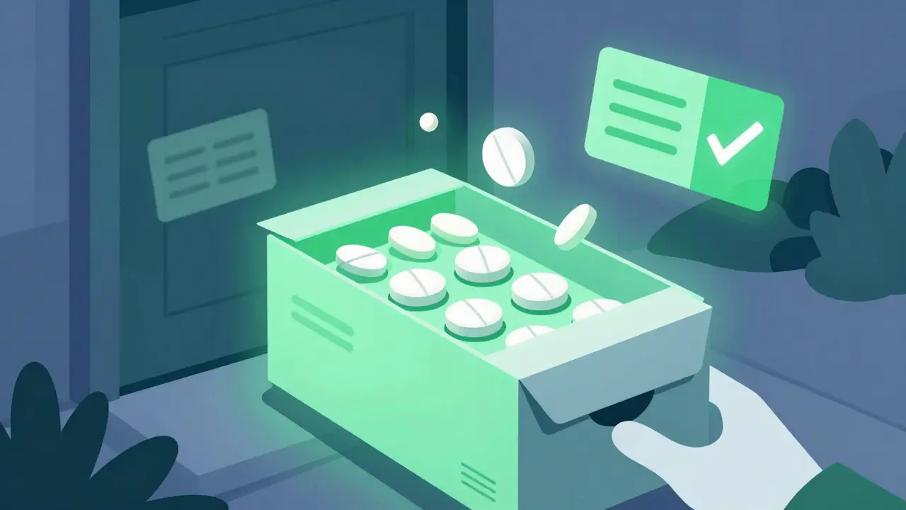 Delivery box with generic pills showing various affordable options