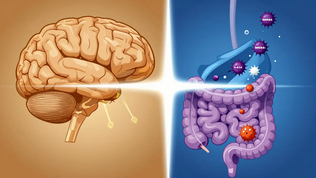 Diagram of PAMORA blocking gut opioids sparing brain