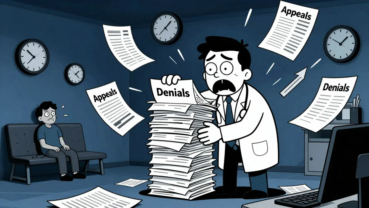Exhausted doctor fighting a monster made of denial paperwork while a patient waits.