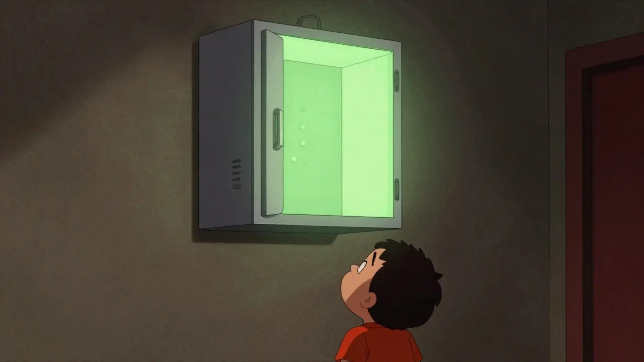 Locked medicine cabinet high on wall out of toddler's reach