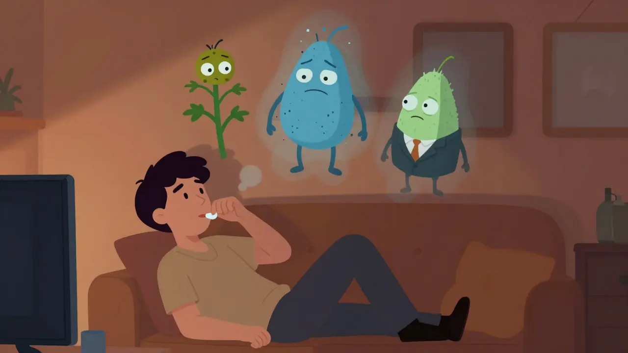 Person taking allergy tablet at home while allergens fade away