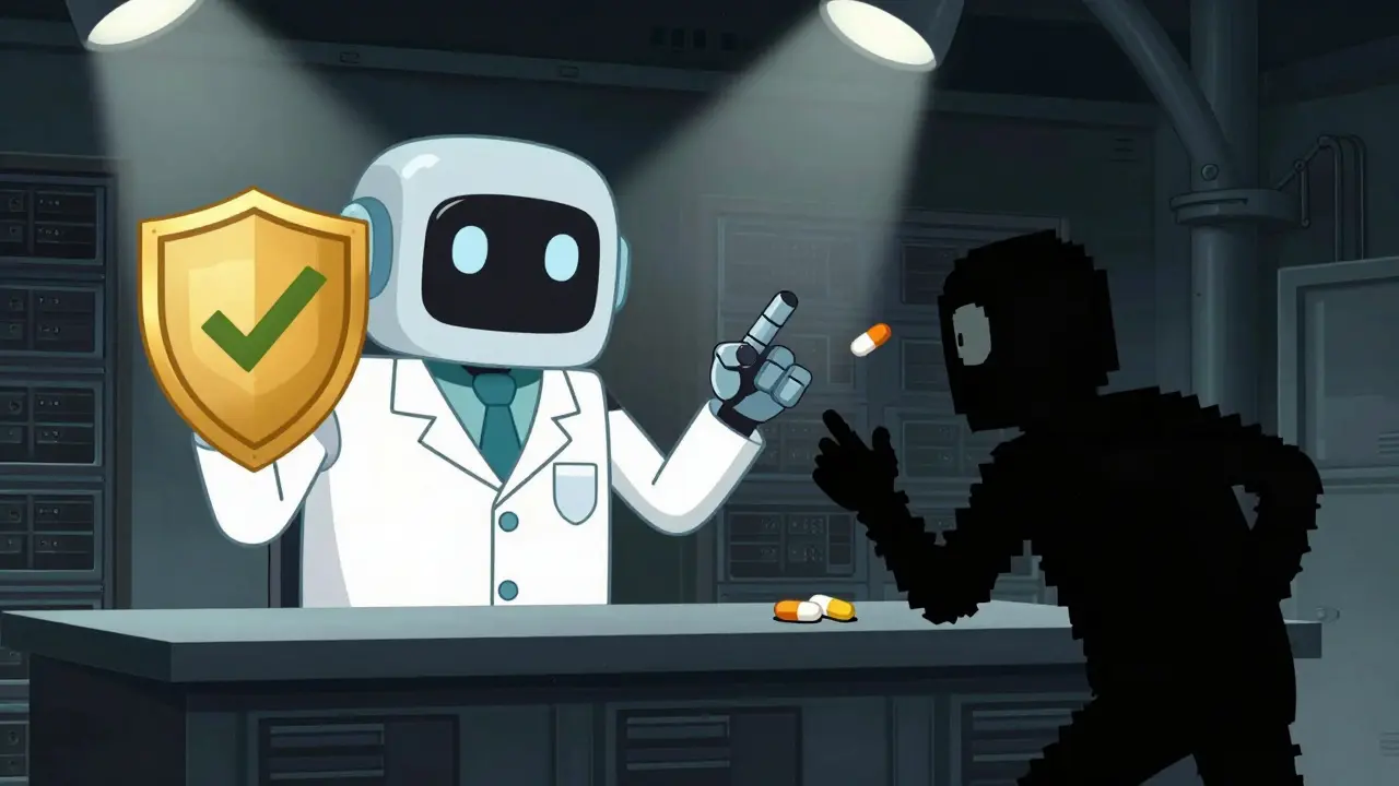 Robot pharmacist showing safety seal against shadowy counterfeit seller