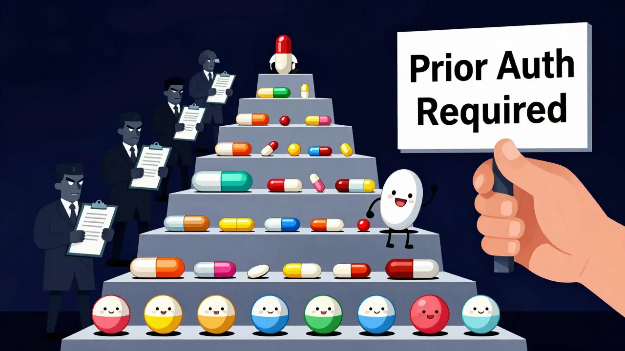 Satirical illustration of insurance formularies as a gated ladder blocking access to drugs.