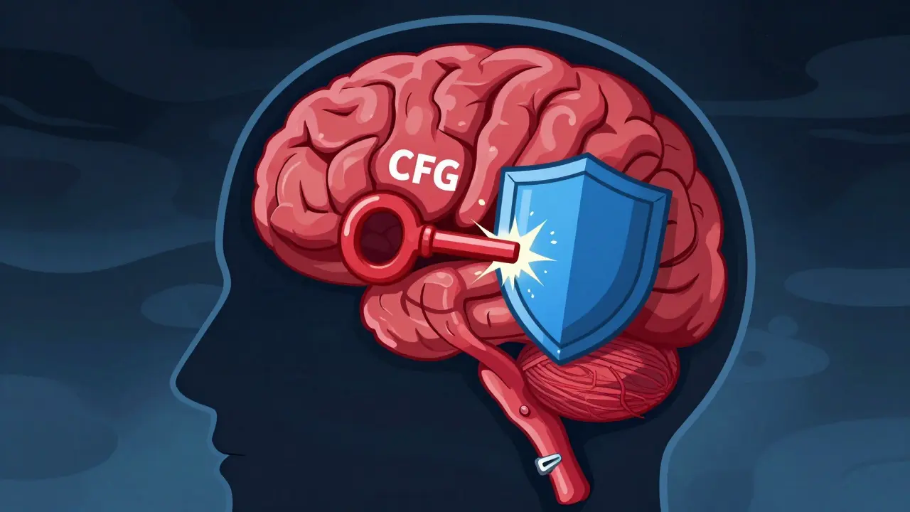 Surreal brain illustration showing an antibody blocking a CGRP pain signal