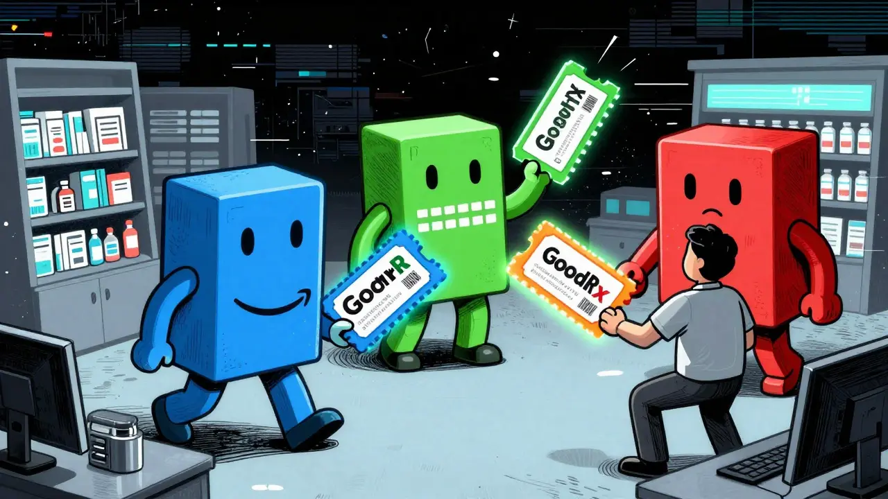 Surreal cartoon competition between pharmacy characters offering discounts
