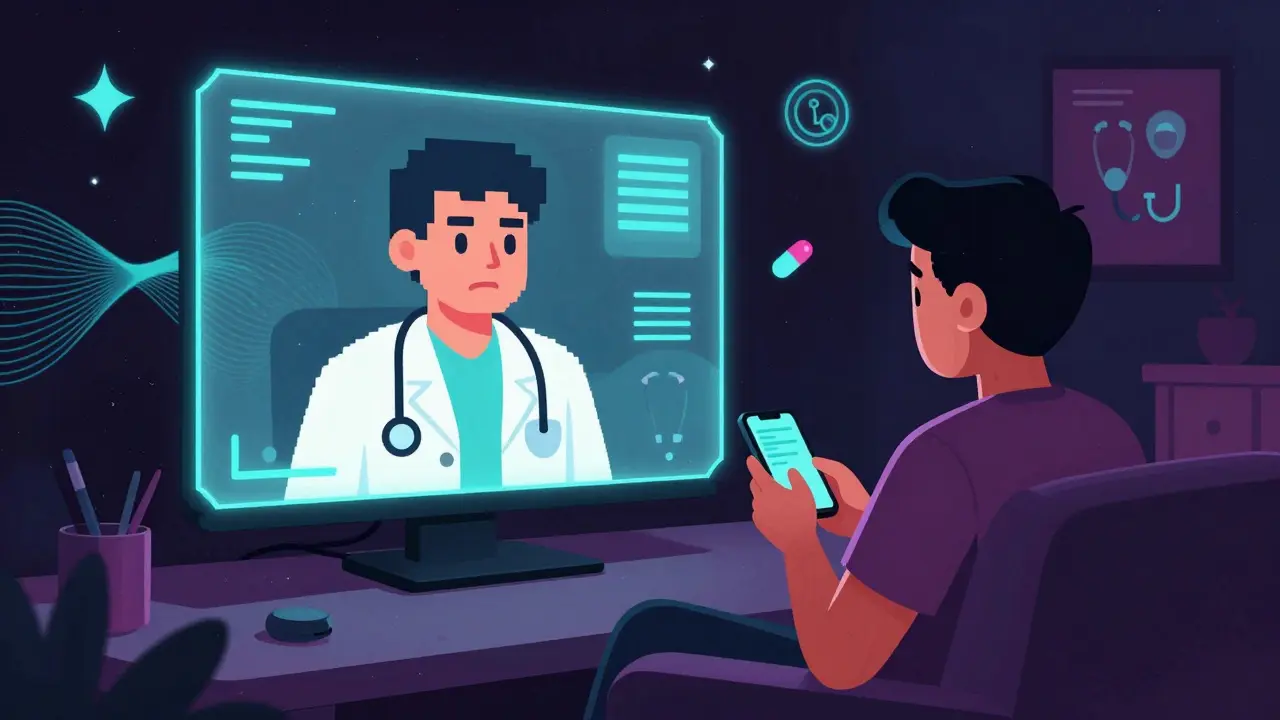 Telehealth doctor consultation on a screen in a dark room