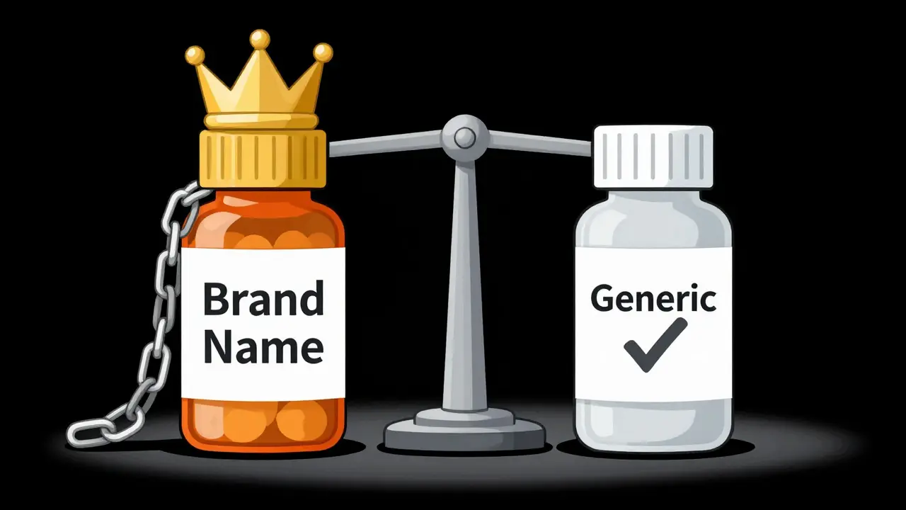 Two identical pills compared: one chained as expensive brand, one free as generic.