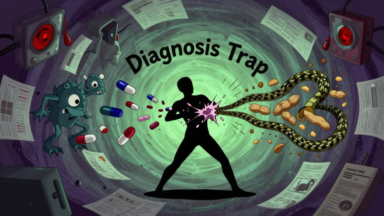 Abstract illustration of confusion between drug allergies and viral rashes